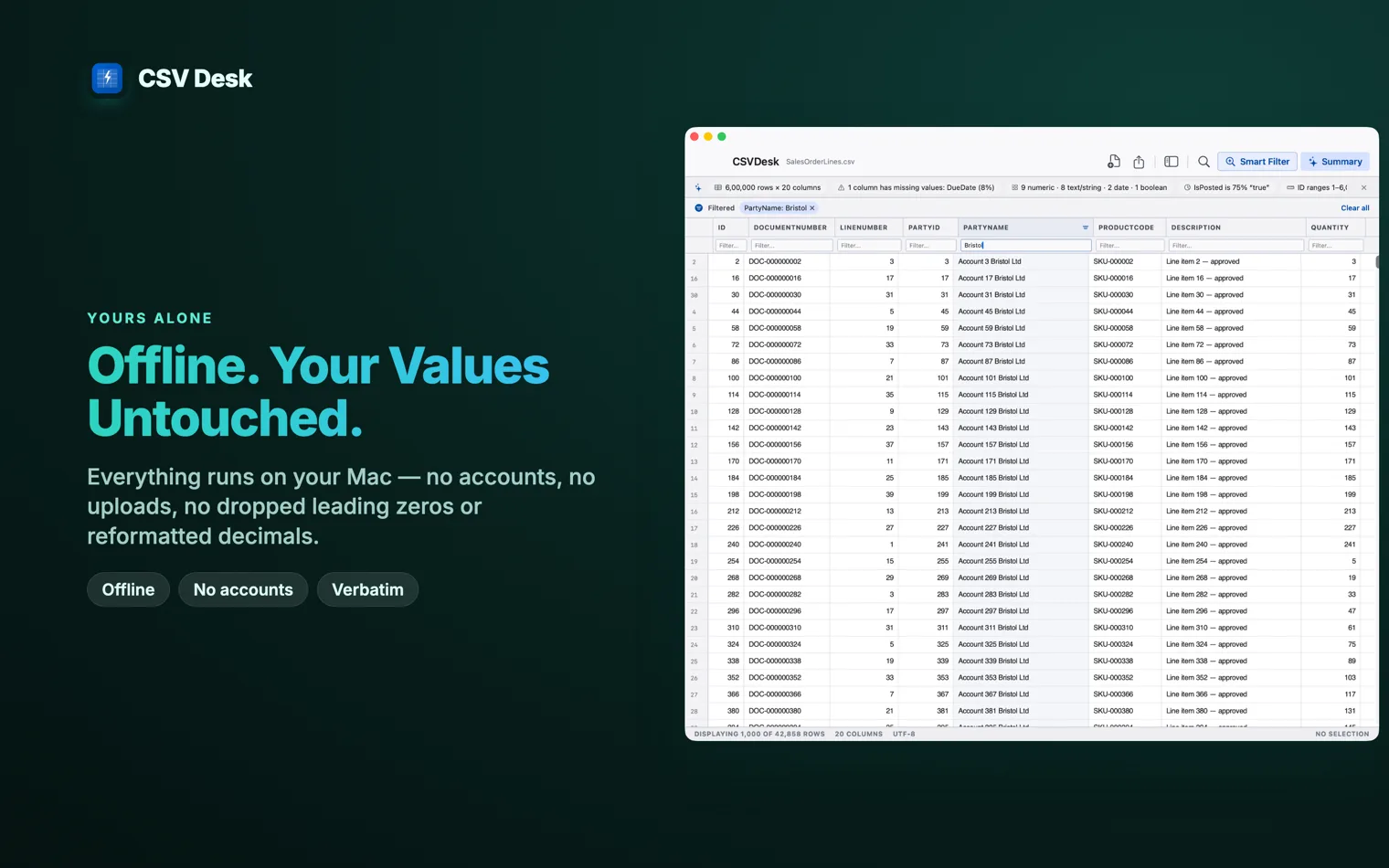 Cover reading “Offline. Your Values Untouched.”, beside a filtered file open in the grid