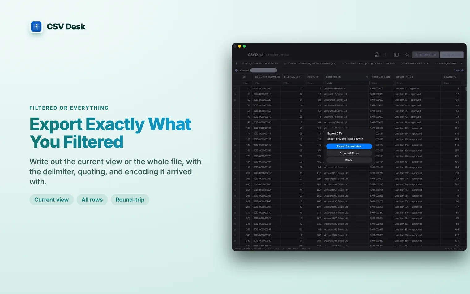 Cover reading “Export Exactly What You Filtered”, beside the prompt offering the current view or all rows
